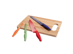 Planche à découper en bois, 4 couteaux lames color