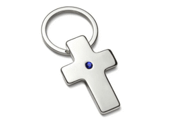 Porte-cles métal croix avec cristal bleu