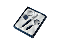 Set stylo/p.-cles/loupe chrome / bleu